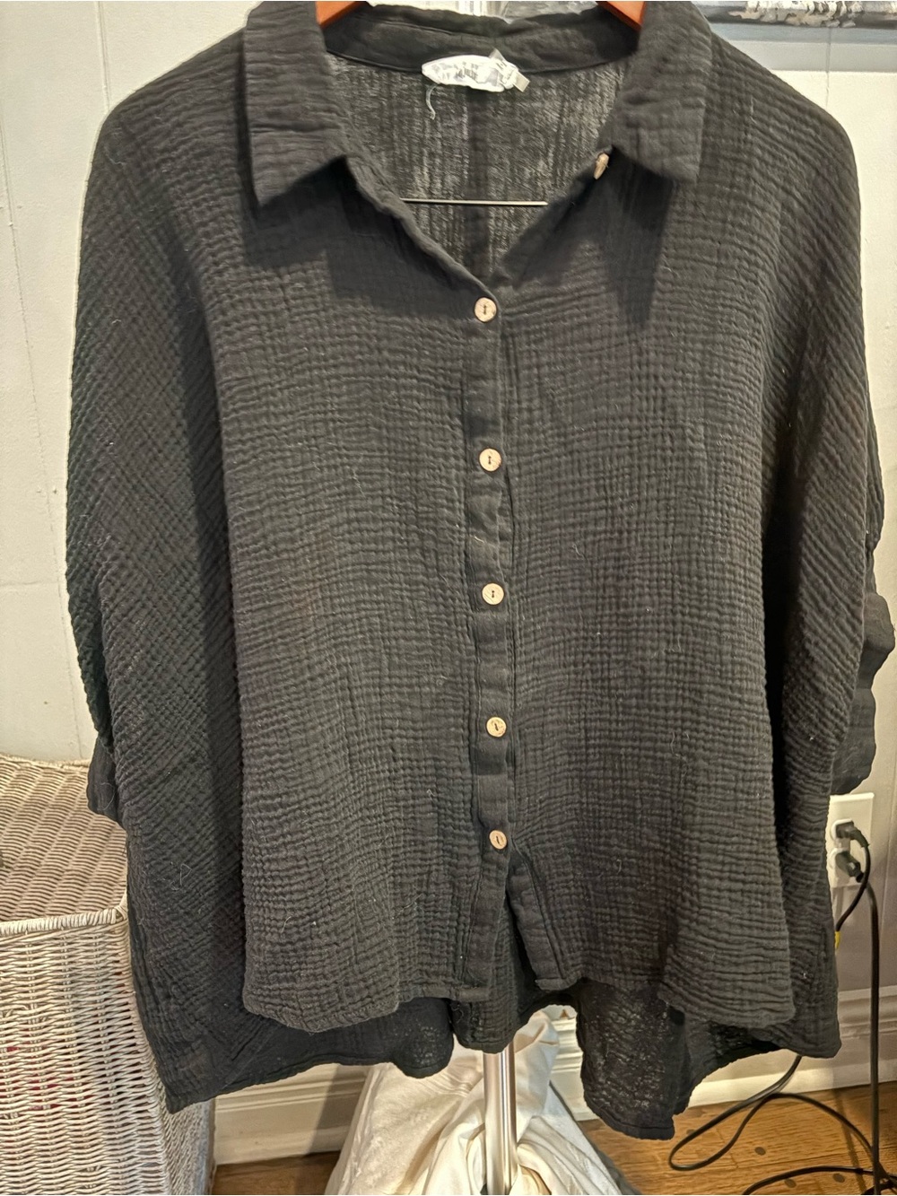 Talulah Black Gauze Shirt with texture. Very oversized and short sleeved.